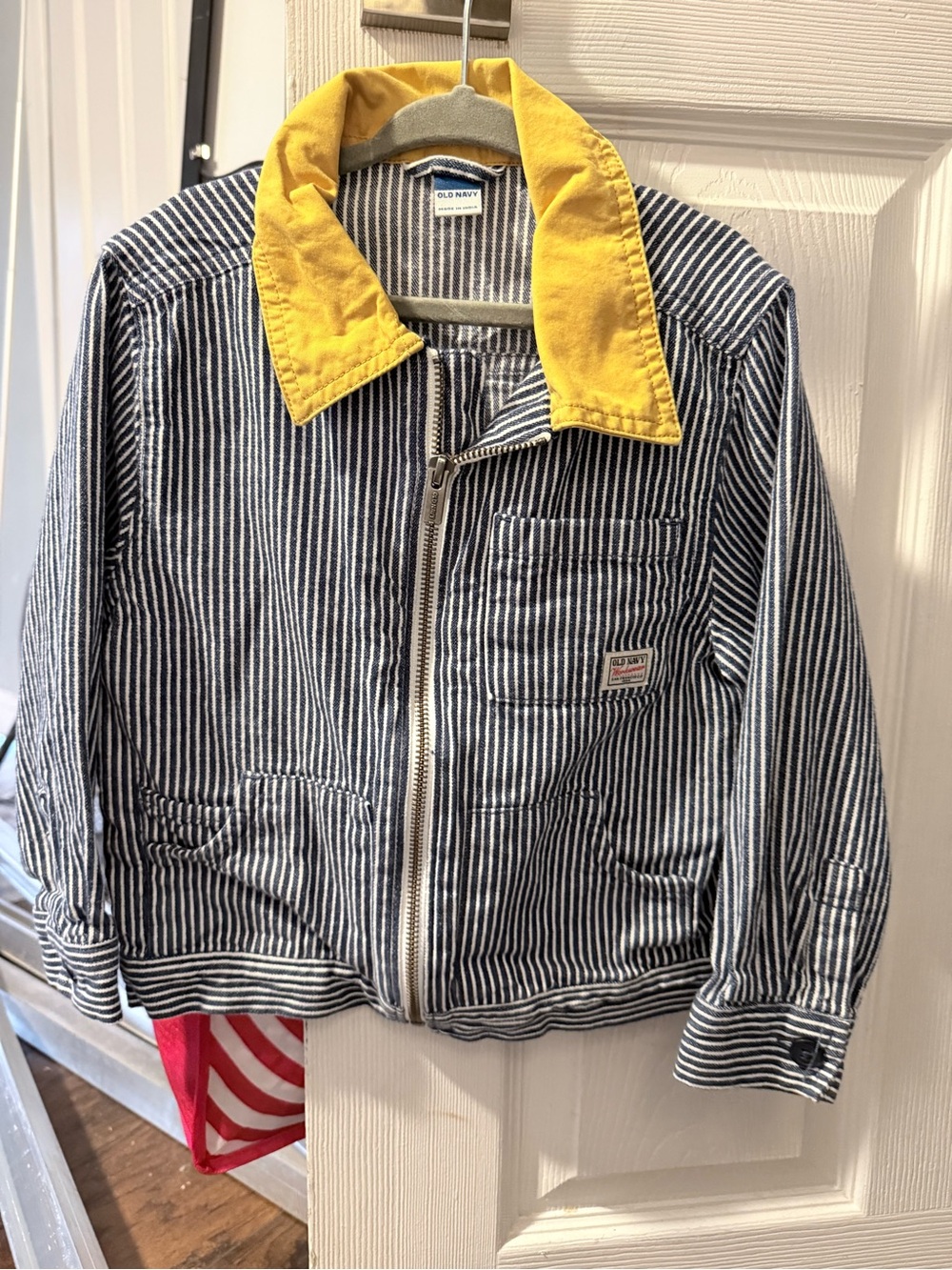 Old Navy Blue-and-White Striped Jacket with Yellow Collar